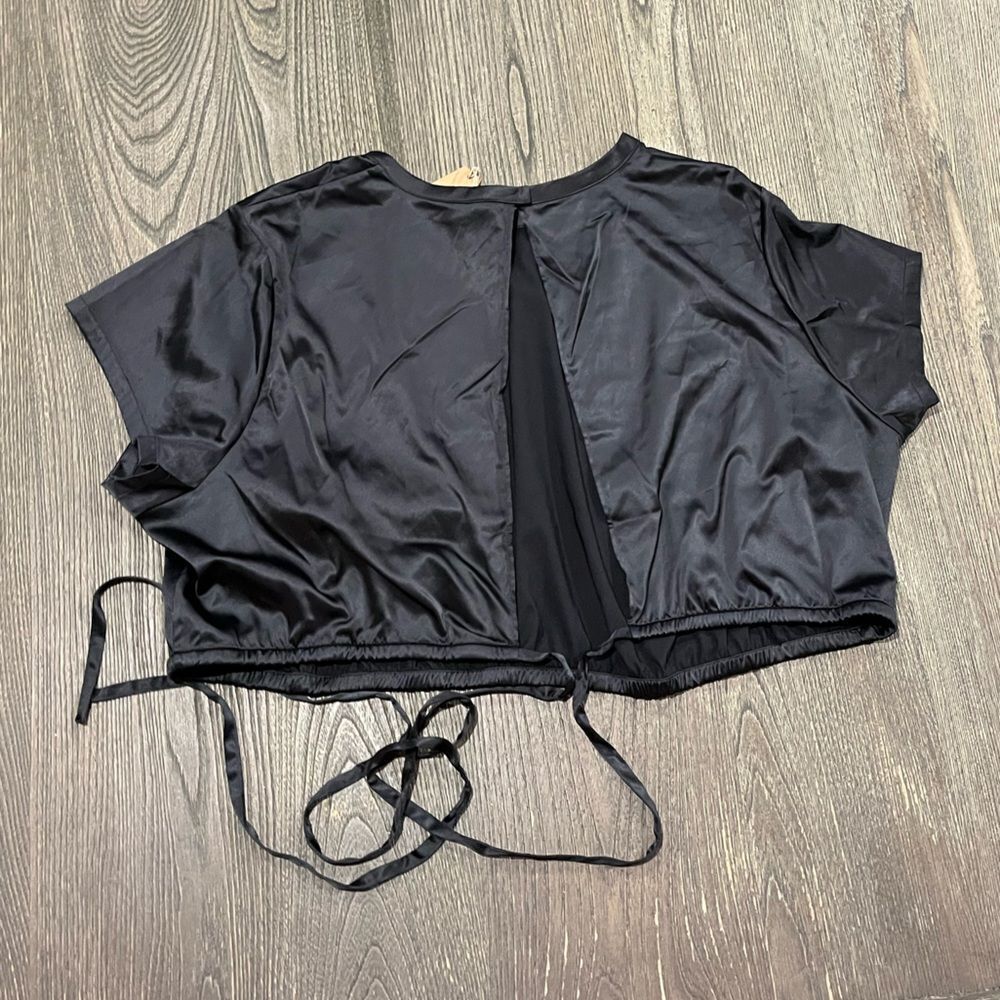 NWT Skims Shine Satin Crop Top Short Sleeve Open Back Crewneck Stretch Onyx 2X - Picture 4 of 4